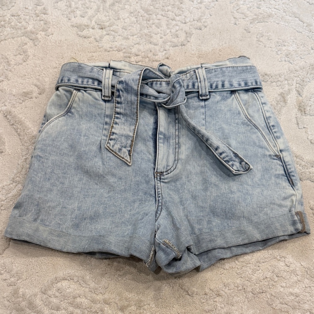 Express Light Blue Denim Paperbag Tie-Waist Shorts - Women